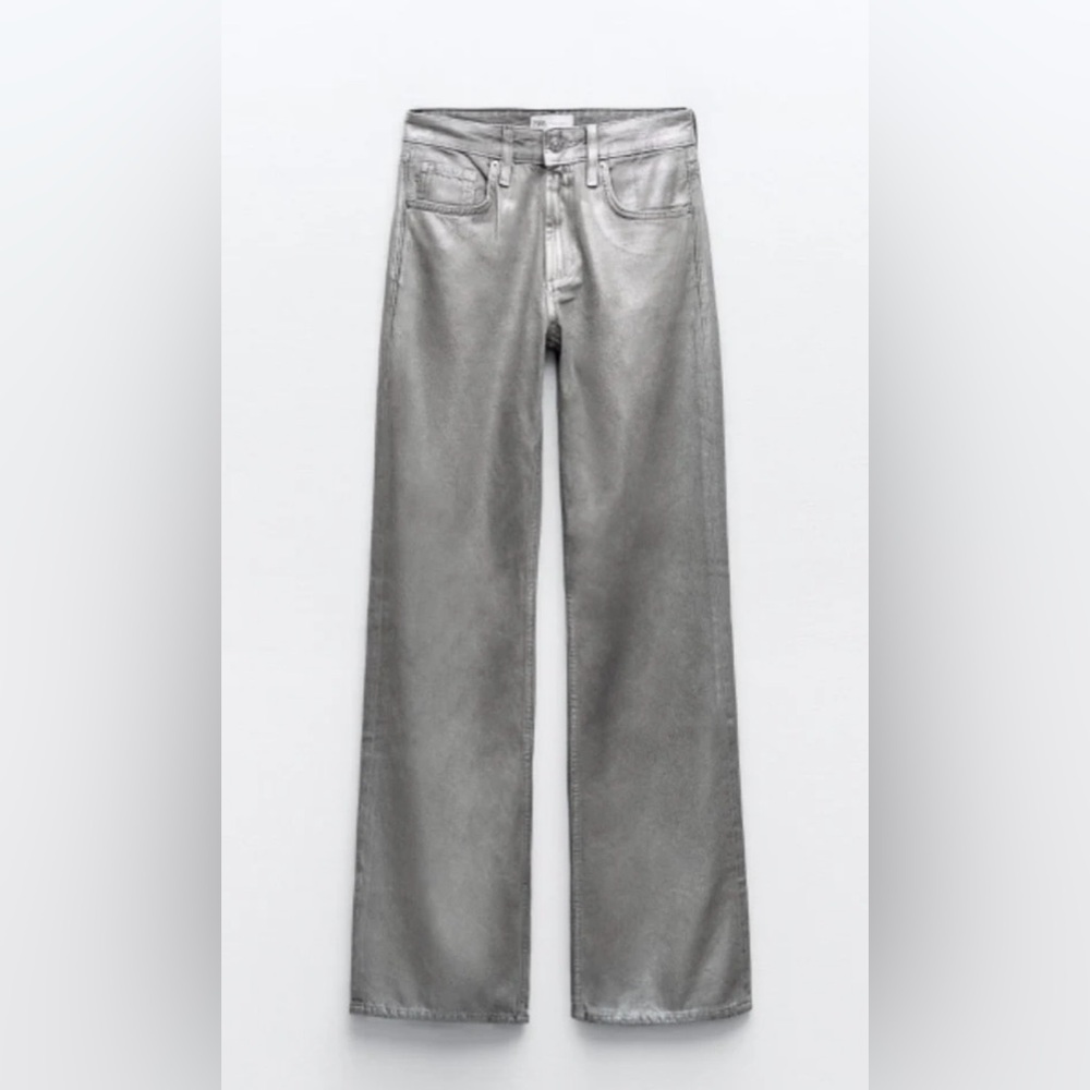 Zara Metallic Silver Straight-Leg Jeans women’s size 2 - Picture 3 of 12